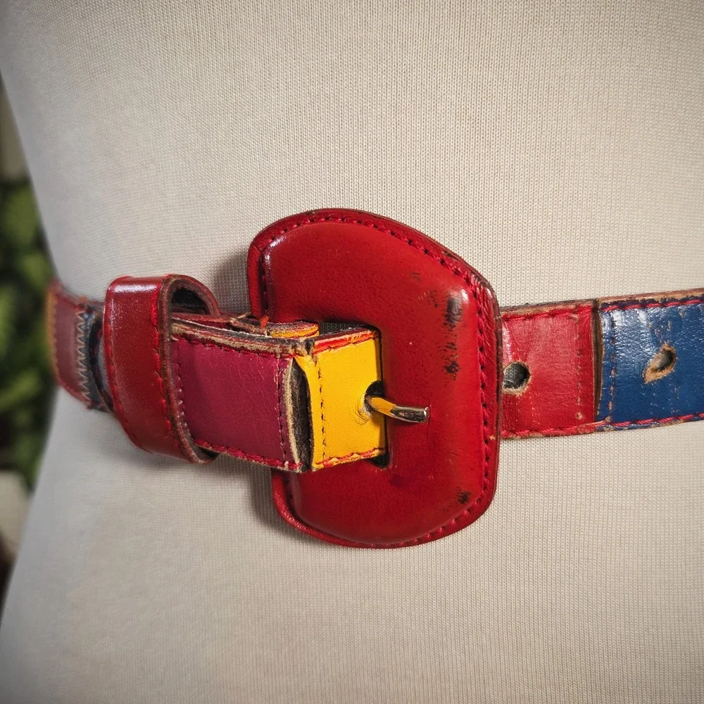 Carole Little Patchwork Leather Belt Vintage 80s Womens Multi Color Boho 24-28